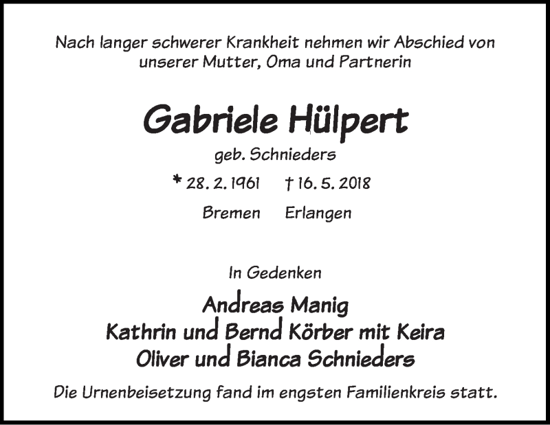 Traueranzeige von Gabriele Hülpert von WESER-KURIER