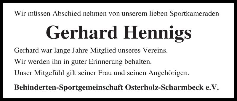  Traueranzeige für Gerhard Hennigs vom 28.06.2018 aus Osterholzer Kreisblatt