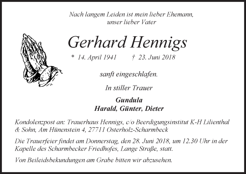  Traueranzeige für Gerhard Hennigs vom 26.06.2018 aus Osterholzer Kreisblatt