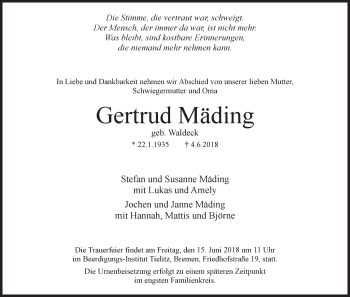 Traueranzeige von Gertrud Mäding