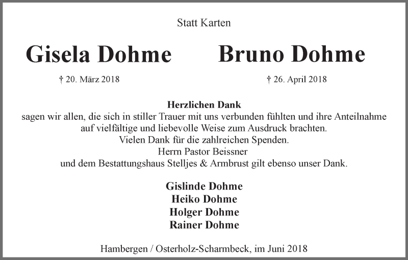 Traueranzeige von Gisela und Bruno Dohme von Osterholzer Kreisblatt