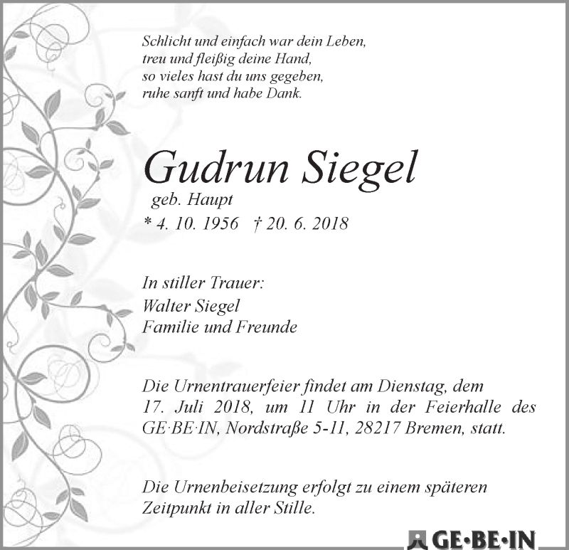 Traueranzeige von Gudrun Siegel von WESER-KURIER