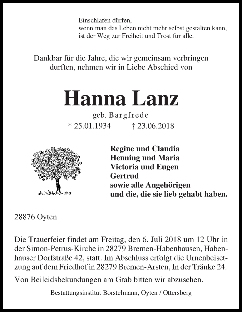  Traueranzeige für Hanna Lanz vom 30.06.2018 aus WESER-KURIER