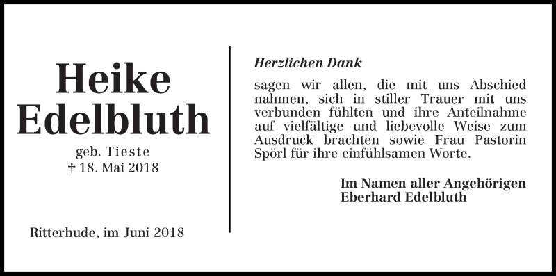  Traueranzeige für Heike Edelbluth vom 16.06.2018 aus Osterholzer Kreisblatt