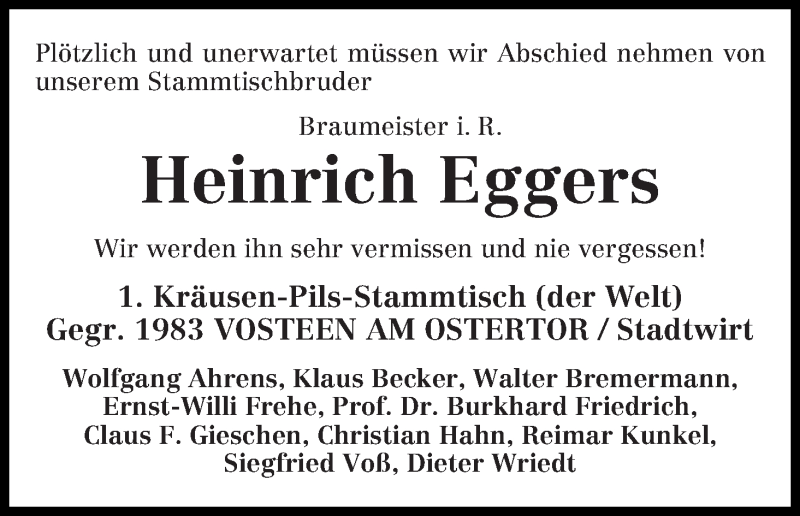 Traueranzeige von Heinrich Eggers von WESER-KURIER