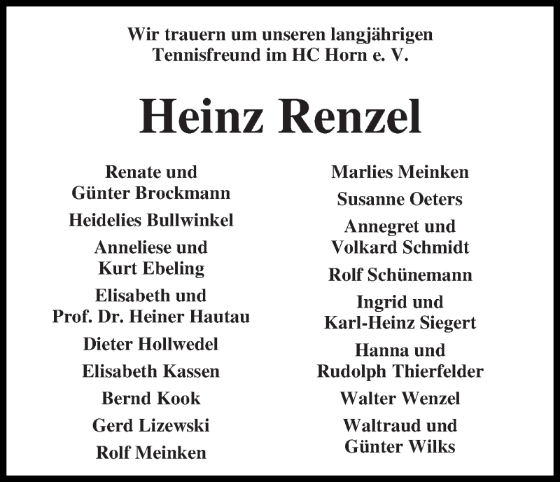 Traueranzeige von Heinz Renzel von WESER-KURIER