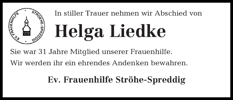 Traueranzeige von Helga Liedke von Osterholzer Kreisblatt