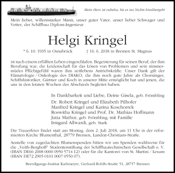 Traueranzeige von Helgi Kringel