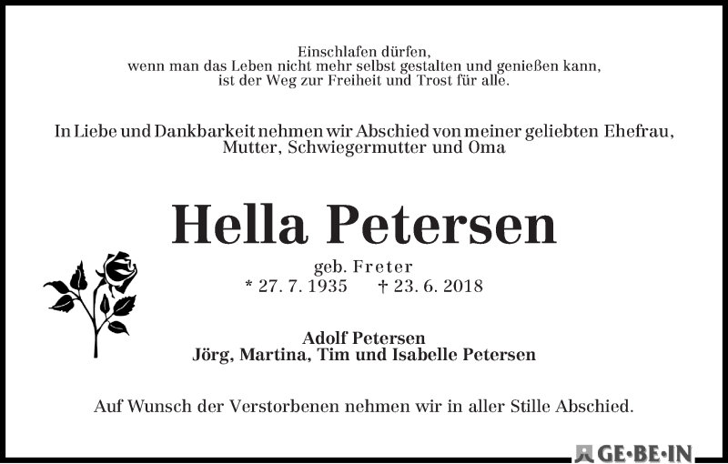  Traueranzeige für Hella Petersen vom 30.06.2018 aus WESER-KURIER
