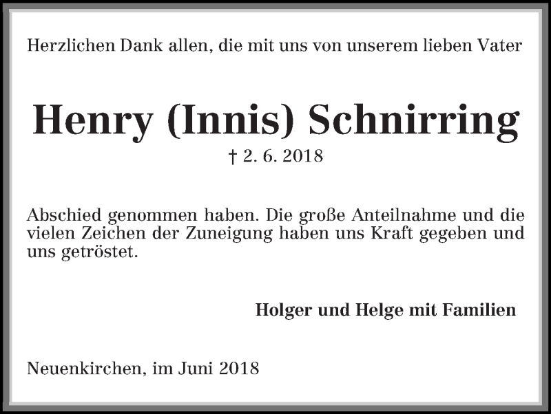 Traueranzeige von Henry (Innis) Schnirring von Die Norddeutsche