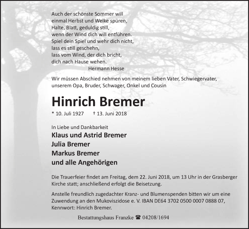  Traueranzeige für Hinrich Bremer vom 16.06.2018 aus Wuemme Zeitung