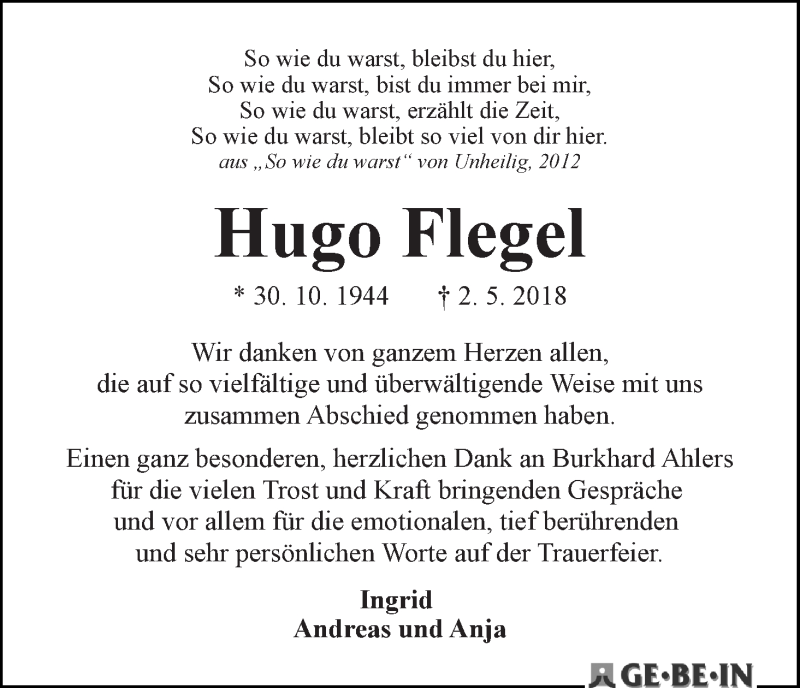  Traueranzeige für Hugo Flegel vom 06.06.2018 aus WESER-KURIER