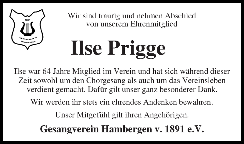  Traueranzeige für Ilse Prigge vom 26.06.2018 aus Osterholzer Kreisblatt