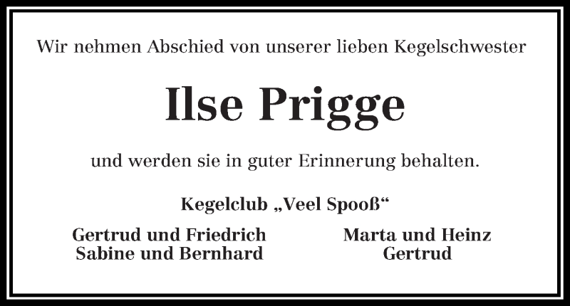  Traueranzeige für Ilse Prigge vom 29.06.2018 aus Osterholzer Kreisblatt