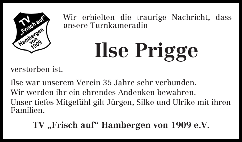  Traueranzeige für Ilse Prigge vom 30.06.2018 aus Osterholzer Kreisblatt