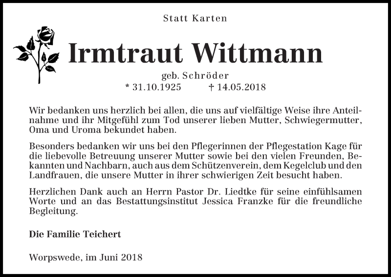  Traueranzeige für Irmtraut Wittmann vom 30.06.2018 aus Wuemme Zeitung