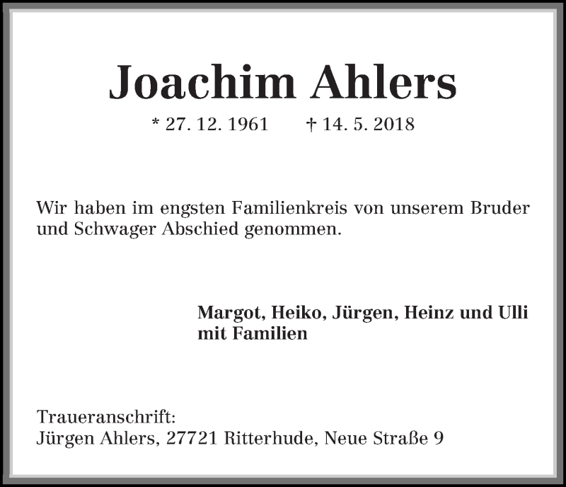  Traueranzeige für Joachim Ahlers vom 02.06.2018 aus Die Norddeutsche