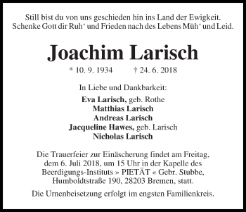 Traueranzeige von Joachim Larisch