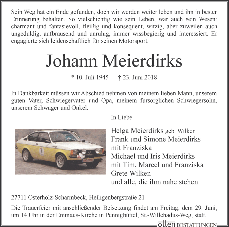  Traueranzeige für Johann Meierdirks vom 25.06.2018 aus WESER-KURIER