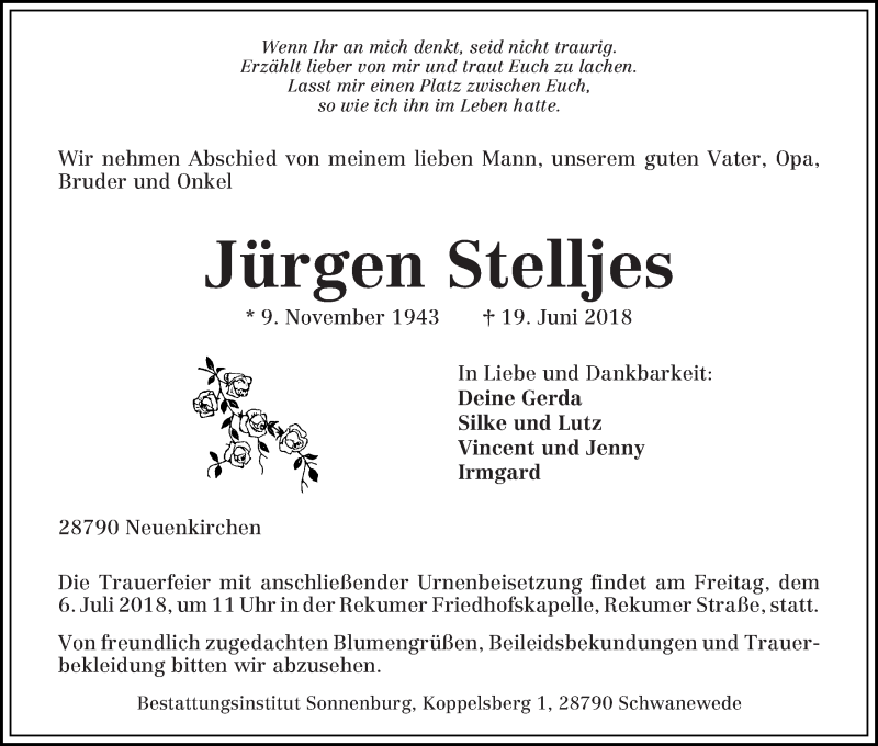  Traueranzeige für Jürgen Stelljes vom 30.06.2018 aus Die Norddeutsche