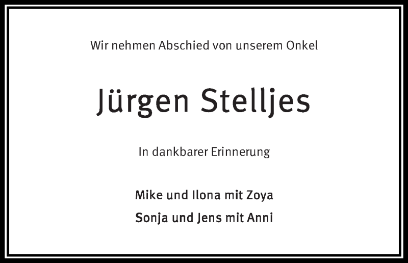  Traueranzeige für Jürgen Stelljes vom 30.06.2018 aus Die Norddeutsche