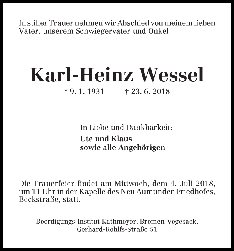  Traueranzeige für Karl-Heinz Wessel vom 30.06.2018 aus Die Norddeutsche