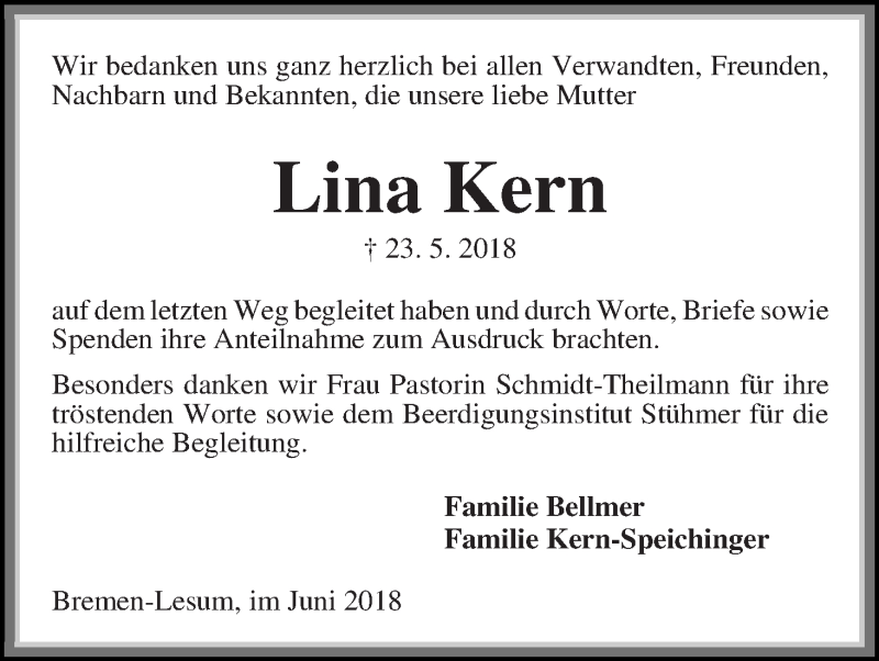 Traueranzeige von Lina Kern von Die Norddeutsche