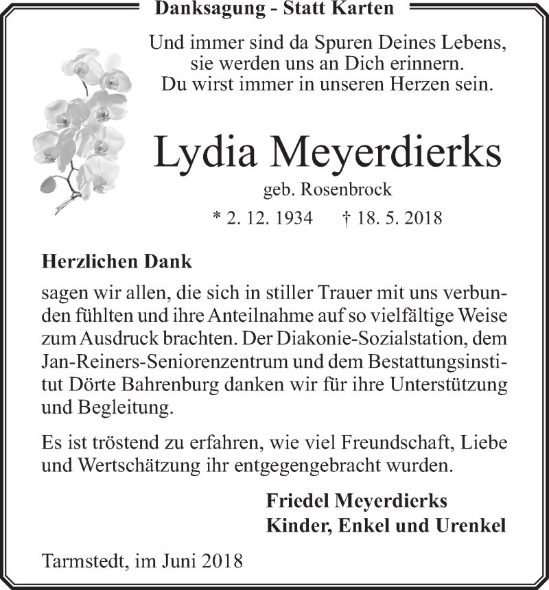  Traueranzeige für Lydia Meyerdierks vom 15.06.2018 aus Wuemme Zeitung