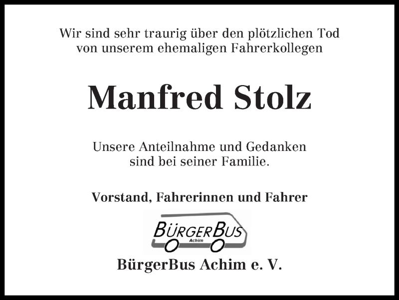 Traueranzeige von Manfred Stolz von Achimer Kurier/Verdener Nachrichten