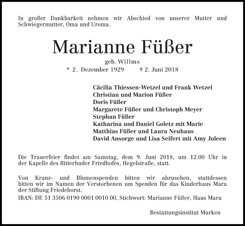 Traueranzeige von Marianne Füßer von Osterholzer Kreisblatt