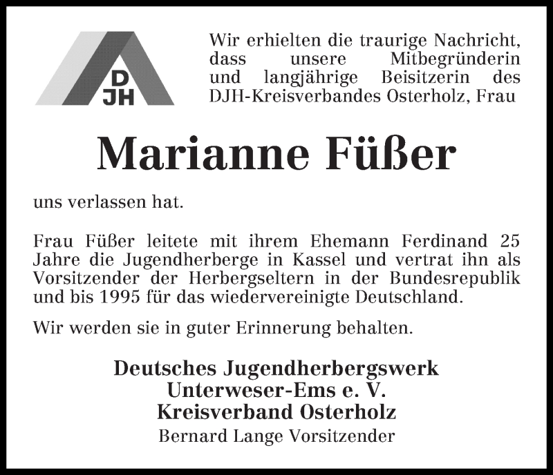 Traueranzeige von Marianne Füßer von Osterholzer Kreisblatt