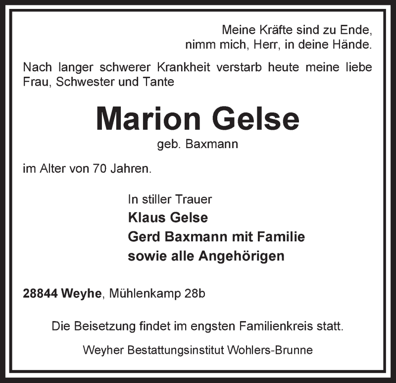 Traueranzeige von Marion Gelse von Regionale Rundschau/Syker Kurier