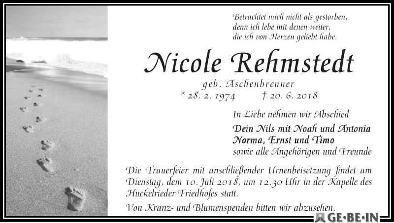  Traueranzeige für Nicole Rehmstedt vom 30.06.2018 aus WESER-KURIER