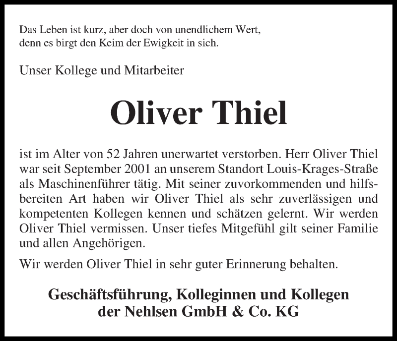 Traueranzeige von Oliver Thiel von WESER-KURIER