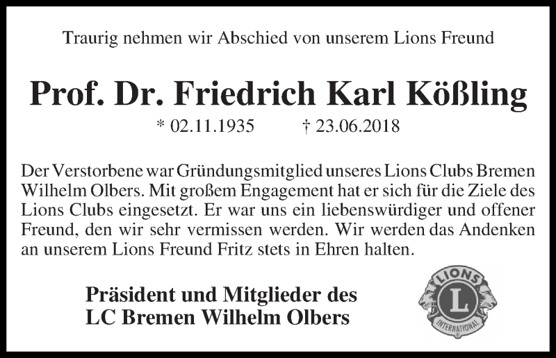  Traueranzeige für Prof. Dr. Friedrich Karl Kößling vom 30.06.2018 aus WESER-KURIER