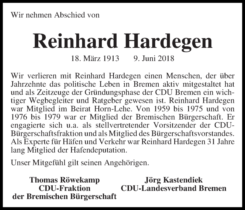  Traueranzeige für Reinhard Hardegen vom 16.06.2018 aus WESER-KURIER