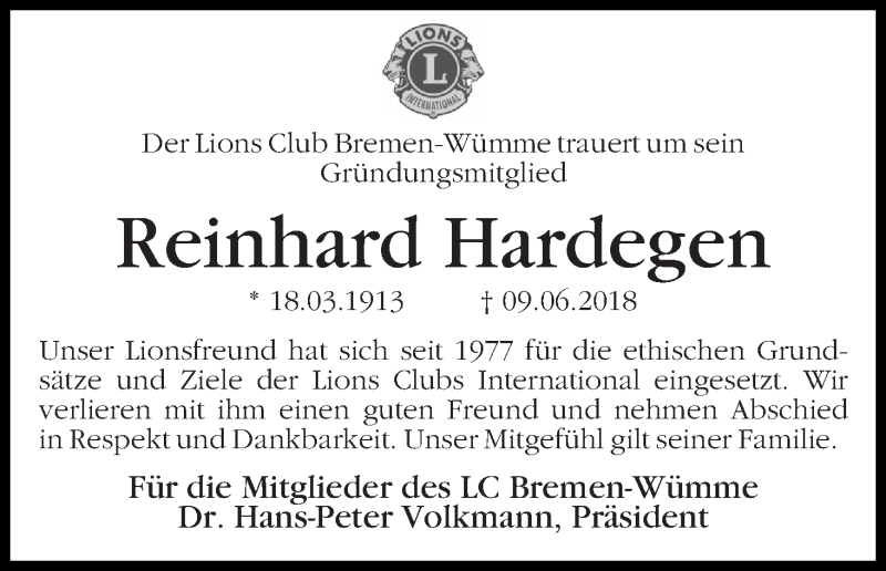  Traueranzeige für Reinhard Hardegen vom 16.06.2018 aus WESER-KURIER