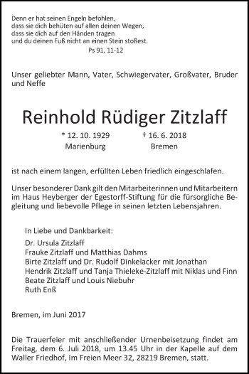 Traueranzeige von Reinhold Rüdiger Zitzlaff