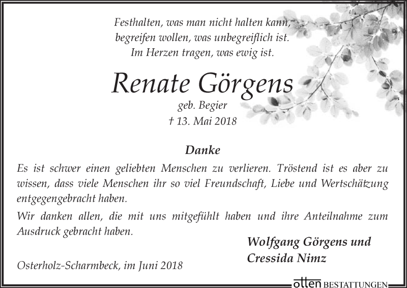  Traueranzeige für Renate Görgens vom 16.06.2018 aus Osterholzer Kreisblatt