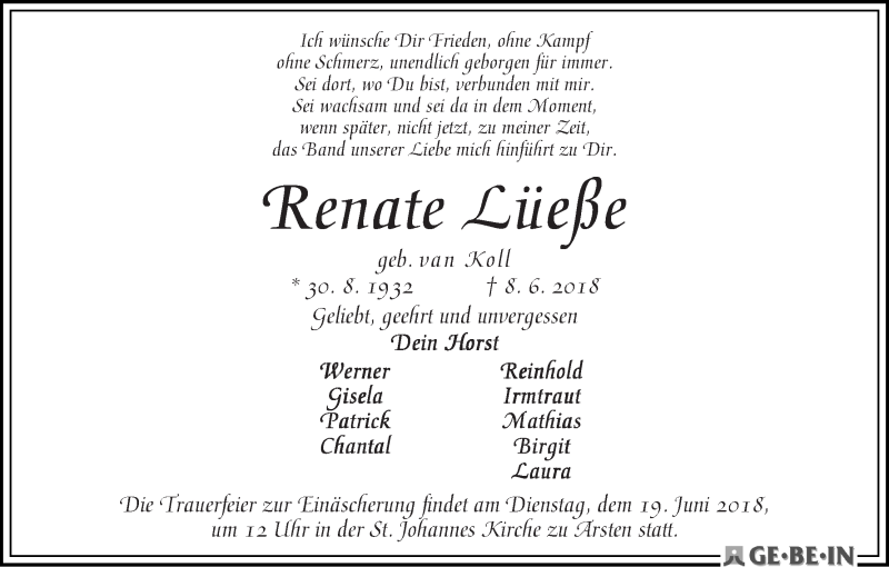 Traueranzeige von Renate Lüeße von WESER-KURIER