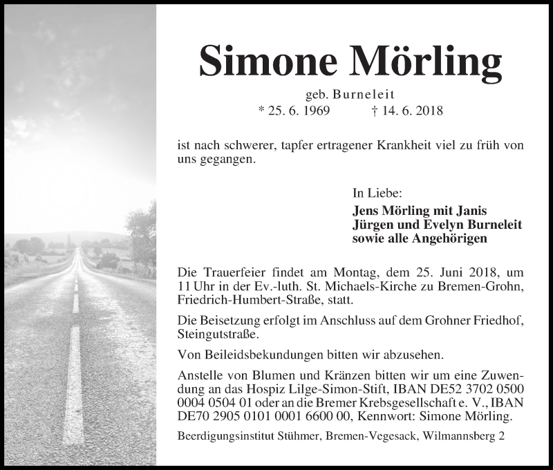  Traueranzeige für Simone Mörling vom 20.06.2018 aus Die Norddeutsche