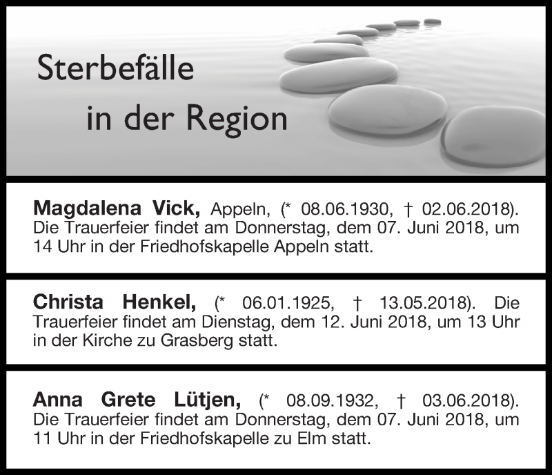 Traueranzeige von Sterbefälle in der Region Ausgabe 06.06.2018 von Osterholzer Kreisblatt