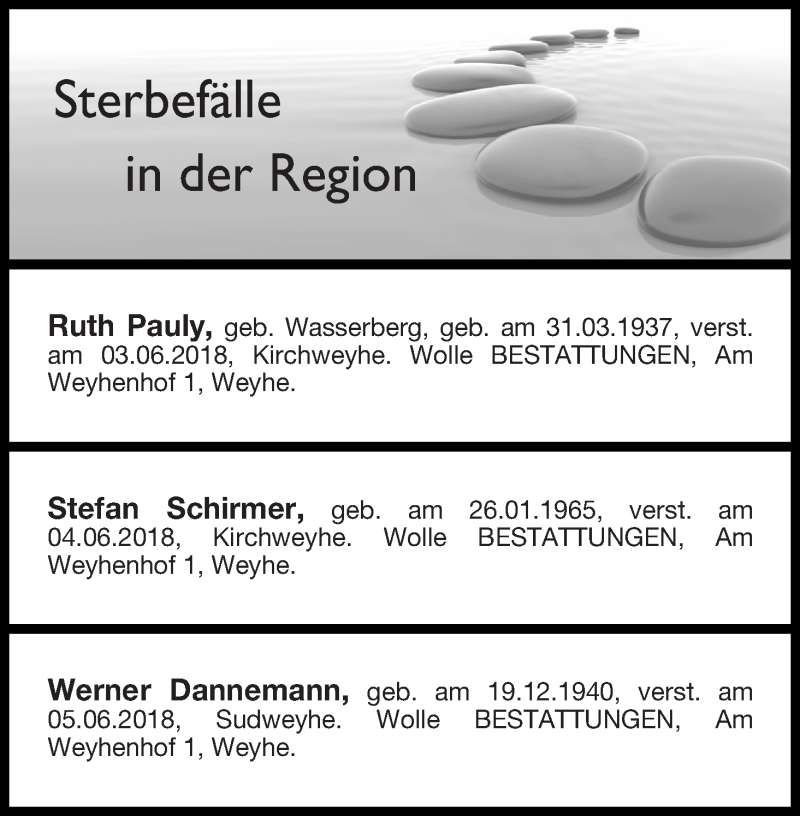 Traueranzeige von Sterbefälle in der Region Ausgabe 09.06.2018 von Regionale Rundschau/Syker Kurier