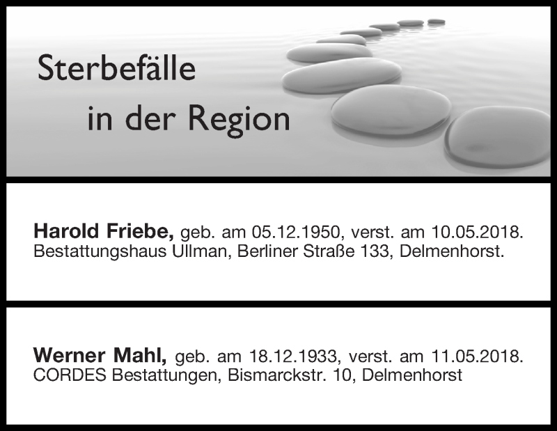 Traueranzeige von Sterbefälle in der Region Ausgabe 09.06.2018 von Delmenhorster Kurier