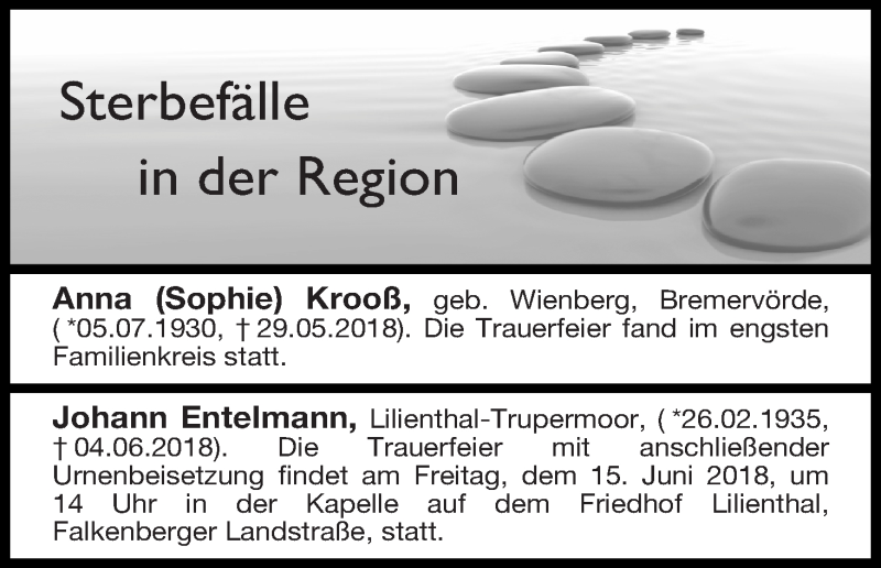 Traueranzeige von Sterbefälle in der Region Ausgabe 09.06.2018 von Osterholzer Kreisblatt