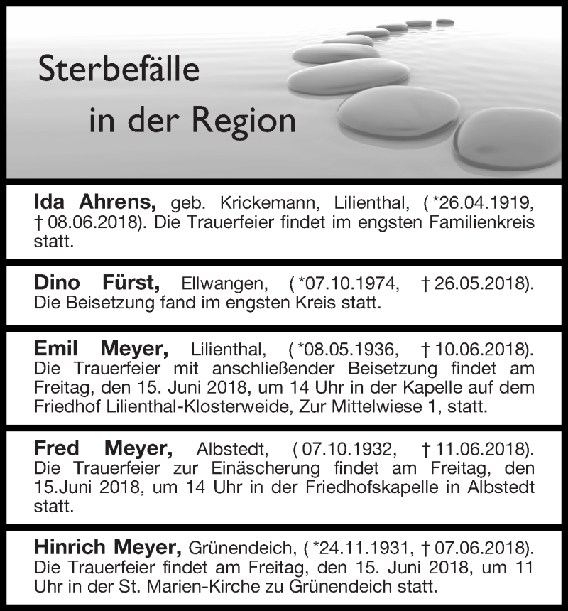 Traueranzeige von Sterbefälle in der Region Ausgabe 14.06.2018 von Osterholzer Kreisblatt