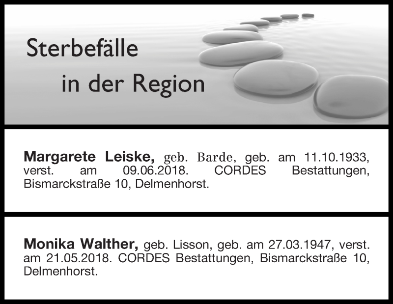 Traueranzeige von Sterbefälle in der Region Ausgabe 14.06.2018 von Delmenhorster Kurier