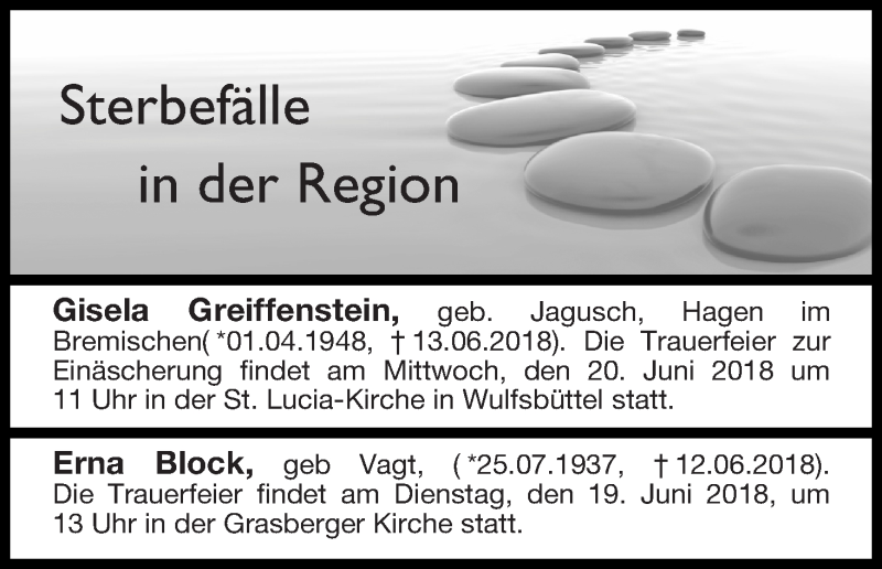 Traueranzeige von Sterbefälle in der Region Ausgabe 16.06.2018 von Osterholzer Kreisblatt