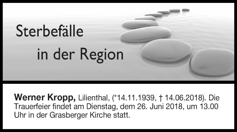 Traueranzeige von Sterbefälle in der Region Ausgabe 19.06.2018 von Osterholzer Kreisblatt