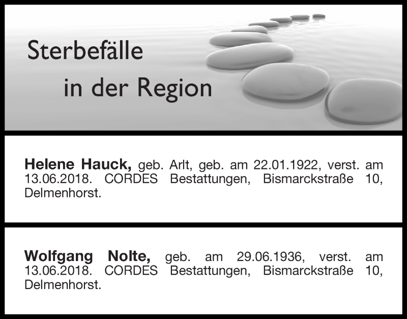 Traueranzeige von Sterbefälle in der Region Ausgabe 19.06.2018 von Delmenhorster Kurier